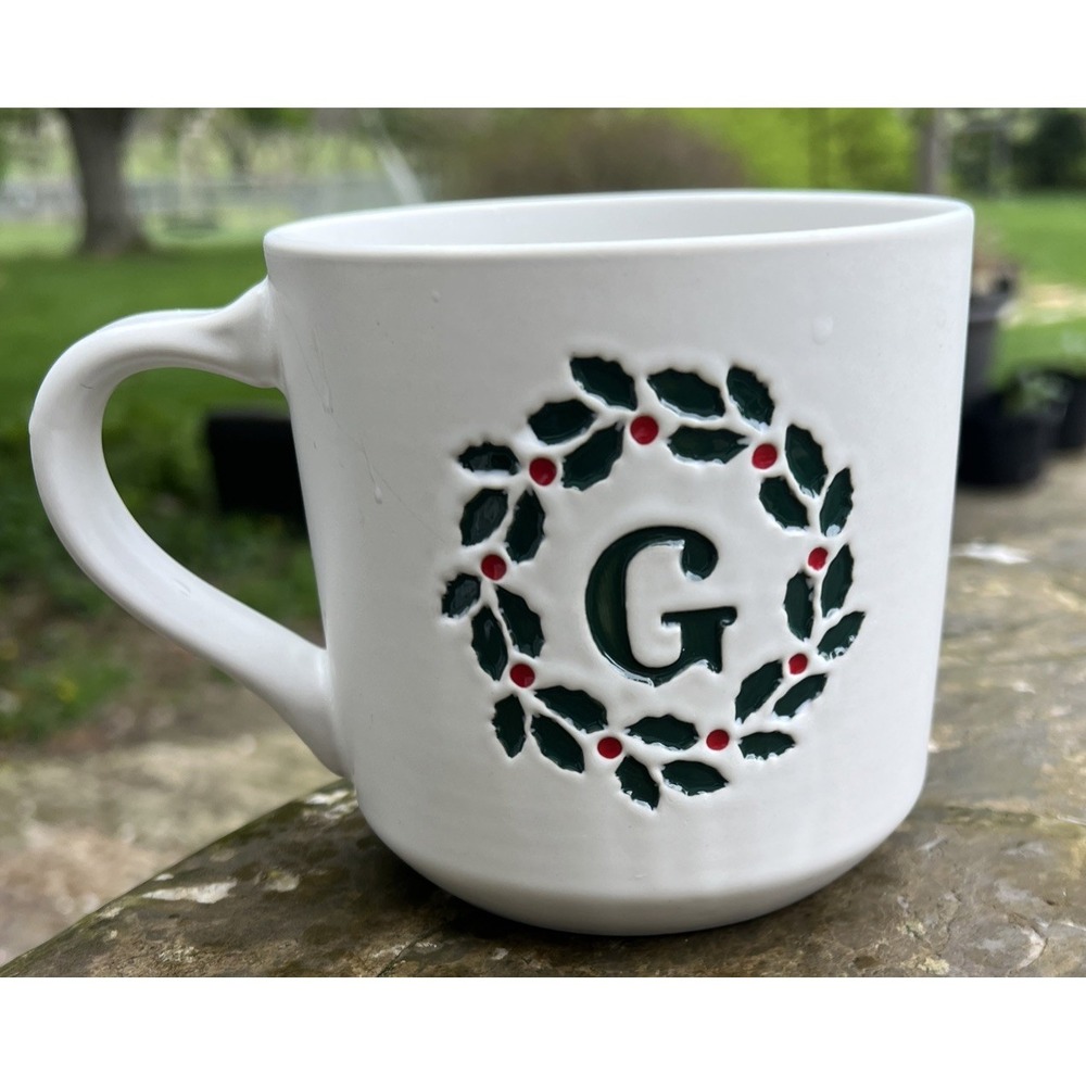 Pottery Barn Christmas Holly Alphabet Coffee Mug Letter G Berry Wreath 16 Oz